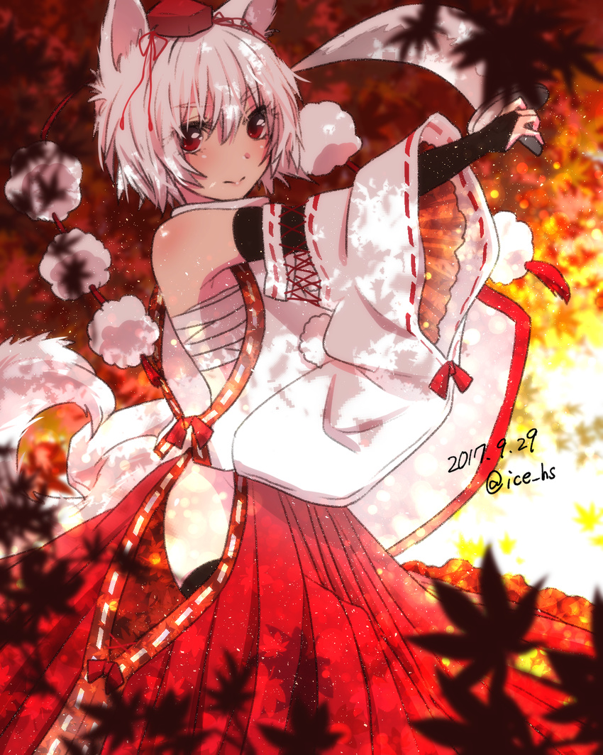 animal_ears arm_up bandages bare_shoulders black_gloves blurry blush body_blush bridal_gauntlets budget_sarashi closed_mouth cowboy_shot dated depth_of_field detached_sleeves elbow_gloves eyebrows_visible_through_hair gloves hakama hat highres hip_vent holding holding_sword holding_weapon ice_(aitsugai) inubashiri_momiji japanese_clothes leaf light_particles long_sleeves looking_at_viewer outstretched_arm pom_pom_(clothes) red_eyes red_hakama red_hat red_ribbon ribbon ribbon_trim sarashi short_hair silver_hair smile solo standing sword tail tokin_hat touhou turtleneck twitter_username unsheathed weapon white_hair wolf_ears wolf_tail