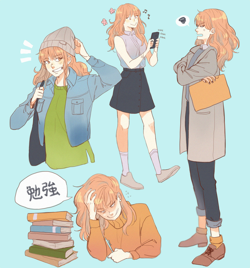 bad_id bad_pixiv_id bangs beamed_eighth_notes beanie black_nails blue_background book_stack cellphone cheese_in_the_trap clenched_teeth coat commentary_request denim denim_skirt eighth_note eyebrows_visible_through_hair full_body hand_on_own_head hat highres hong_sul jacket jewelry korean long_hair multiple_views musical_note nail_polish orange_eyes orange_hair orange_sweater pen penginius phone ring shirt skirt sleeveless sleeveless_shirt smartphone smile speech_bubble standing sweatdrop sweater teeth turtleneck turtleneck_sweater