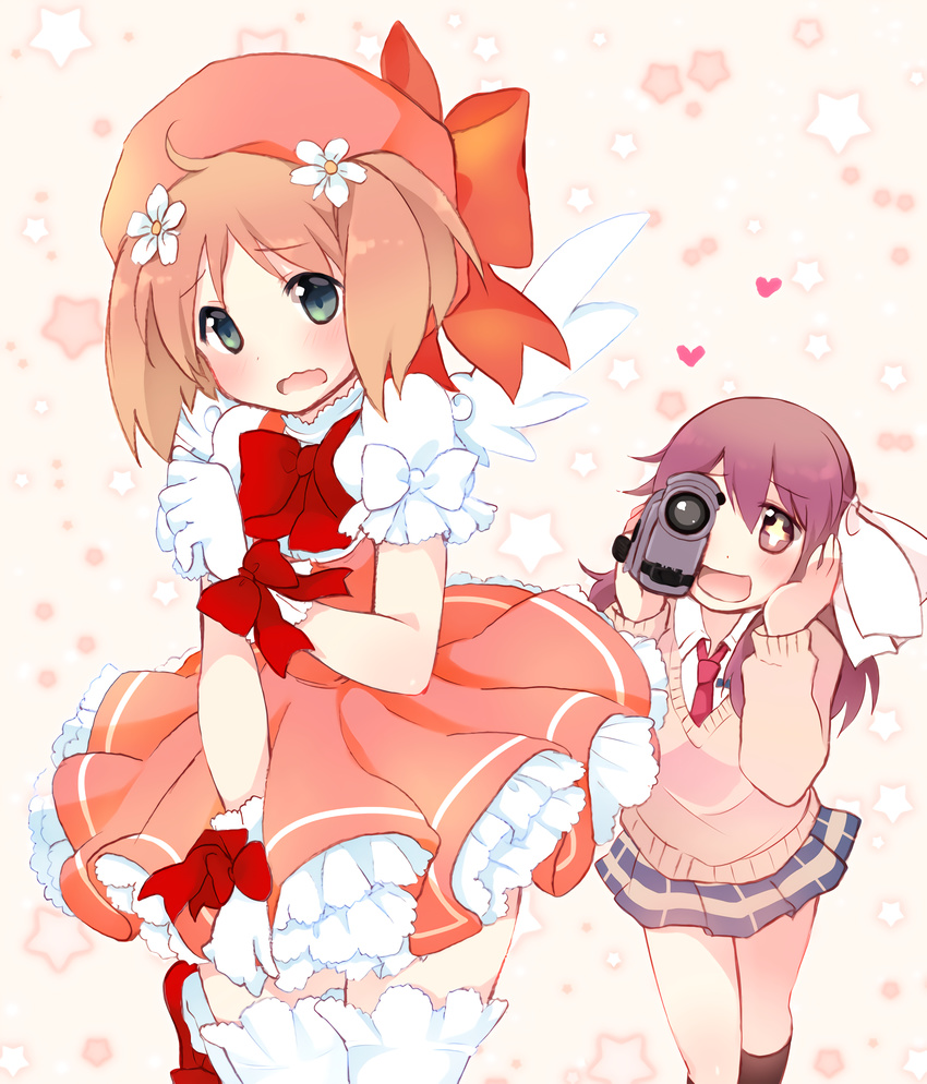 2girls alternate_costume blonde_hair blush camera couple embarrassed flower hair_ornament hairclip happy hat heart looking_at_another looking_at_viewer magical_girl multiple_girls open_mouth pigtails pink_background pink_hair recording ribbon sakura_trick school_uniform skirt smile socks sonoda_yuu stars takayama_haruka tarabagani thighhighs tongue uniform yuri