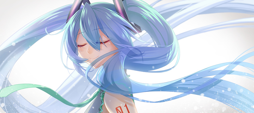 aqua_hair closed_eyes cross_akiha hatsune_miku long_hair revision simple_background solo tattoo twintails upper_body vocaloid