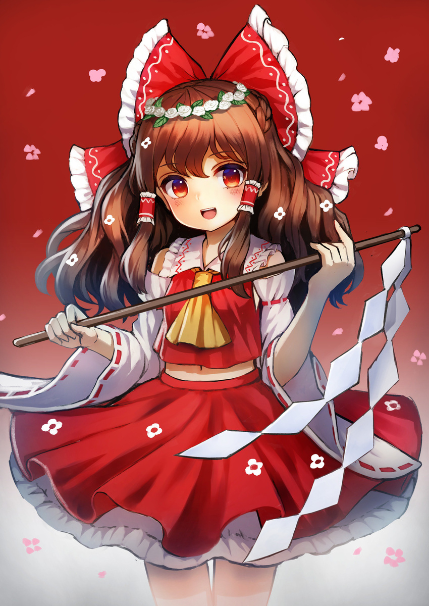absurdres bow brown_hair detached_sleeves flower gohei gradient gradient_background hair_bow hair_tubes hakurei_reimu head_wreath highres holding long_hair looking_at_viewer midriff navel pyonsuke_(pyon2_mfg) red_background red_bow red_eyes red_skirt ribbon-trimmed_sleeves ribbon_trim shide skirt skirt_set smile solo standing touhou vest white_background