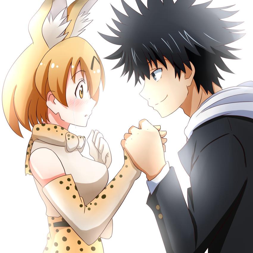 1girl absurdres animal_ears animal_print bangs black_eyes black_hair blush bow bowtie breasts clenched_hand closed_eyes commentary_request crossover crying elbow_gloves from_side gakuran gloves hand_on_own_chest highres holding_hand hood hoodie kamijou_touma kemono_friends long_sleeves looking_at_another medium_breasts orange_eyes orange_hair profile saibara_(flash-dyna-1994) school_uniform serval_(kemono_friends) serval_ears serval_print smile spiked_hair tears to_aru_majutsu_no_index upper_body white_background