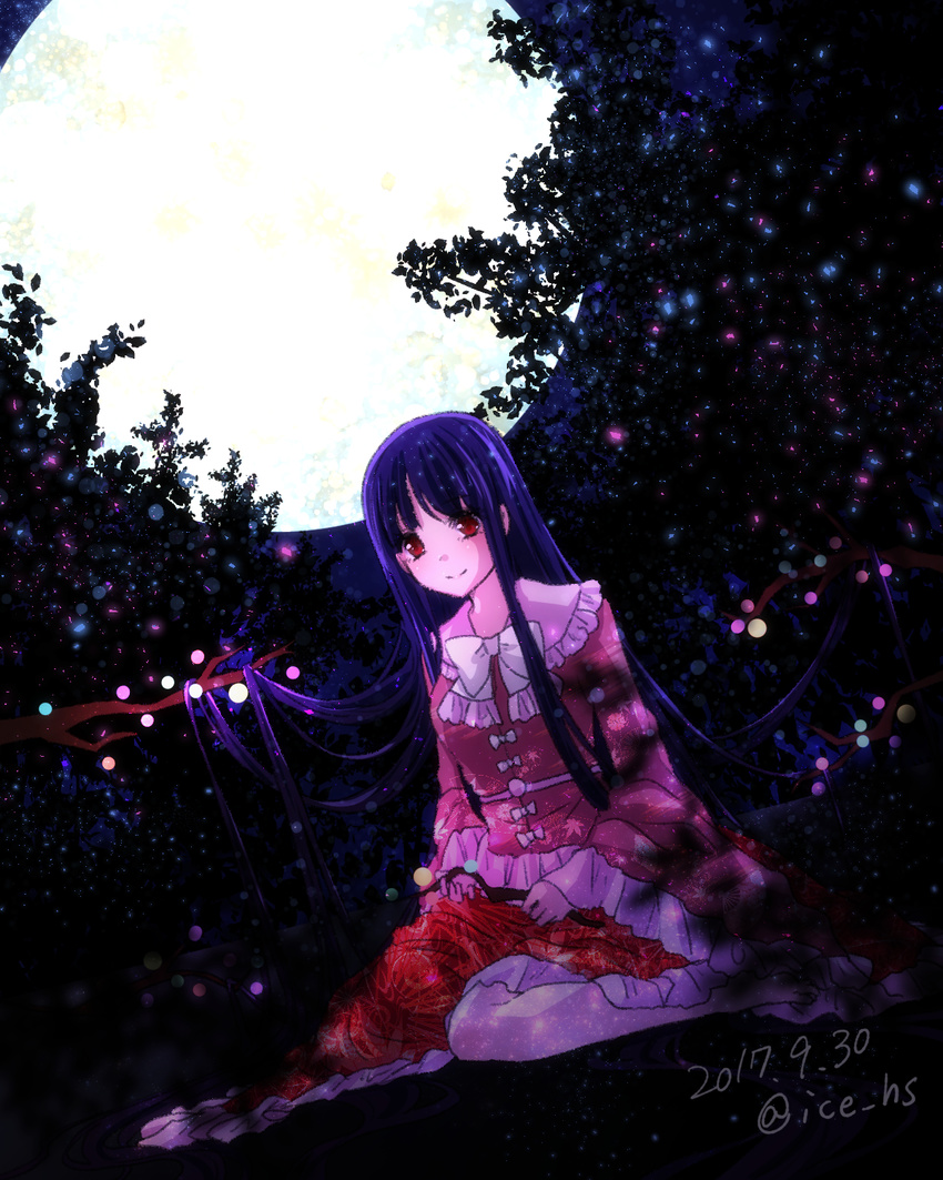 barefoot black_hair bow bowtie branch closed_mouth dated dutch_angle eyebrows_visible_through_hair frilled_shirt_collar frilled_sleeves frills full_body full_moon highres holding houraisan_kaguya ice_(aitsugai) jeweled_branch_of_hourai light_particles long_hair long_sleeves looking_at_viewer moon night night_sky outdoors red_eyes red_skirt signature sitting skirt sky smile solo straight_hair tareme touhou tree tree_branch very_long_hair wariza white_bow white_neckwear wide_sleeves