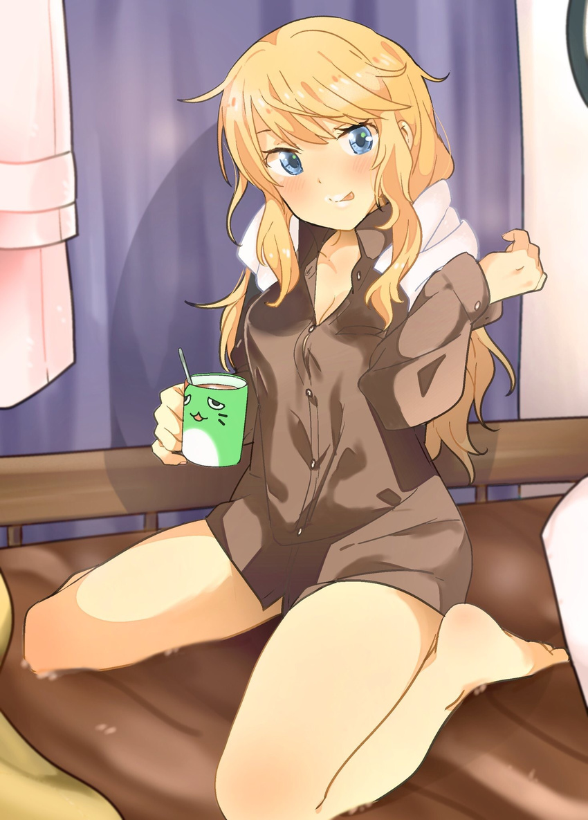 216_zig bangs barefoot blonde_hair blue_eyes blush breasts brown_shirt cleavage commentary_request cup dress_shirt feet hand_up highres holding holding_cup idolmaster idolmaster_cinderella_girls indoors legs licking_lips long_hair looking_at_viewer medium_breasts milk_mustache mug no_pants ootsuki_yui pina_korata shirt sitting smile solo swept_bangs thighs tongue tongue_out towel towel_around_neck wariza wavy_hair