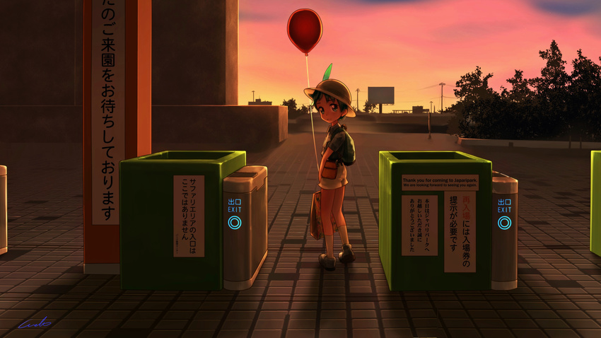 absurdres ankle_boots artist_name backpack bag balloon billboard black_hair blue_eyes boots collared_shirt commentary_request entrance evening handbag hat hat_feather highres holding holding_balloon kaban_(kemono_friends) kemono_friends kneehighs looking_at_viewer looking_back outdoors paper_bag power_lines prototype shirt short_hair short_sleeves shorts sign signature sky solo standing sunset telephone_pole tile_floor tiles translation_request welt_(kinsei_koutenkyoku) white_legwear younger