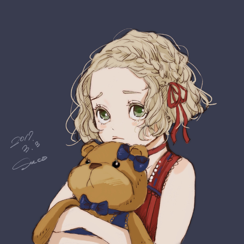 blonde_hair blue_background blush choker closed_mouth dated dress forehead frown green_eyes hair_ribbon highres looking_at_viewer object_hug original red_choker red_dress red_ribbon ribbon sako_(user_ndpz5754) short_hair signature simple_background solo stuffed_animal stuffed_toy teddy_bear upturned_eyes