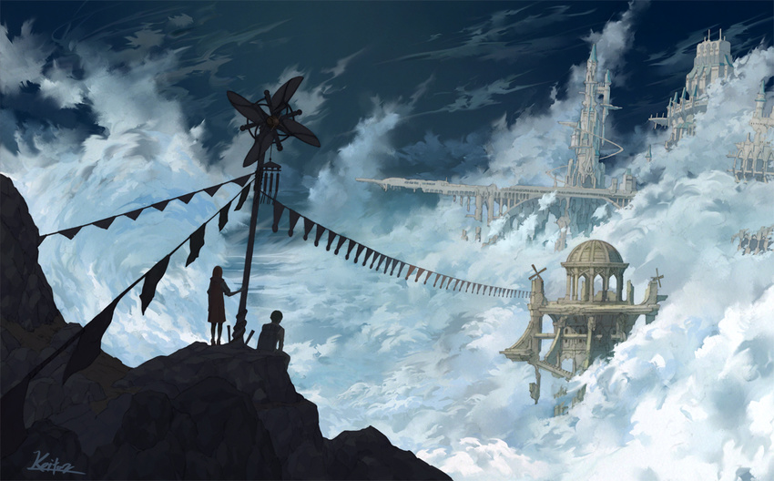 1girl artist_name backpack bag castle cloud cloudy_sky dome facing_away fantasy floating_castle from_behind kaitan looking_away mountain original outdoors ruins scenery signature silhouette sitting sky standing string_of_flags tower wind_chime windmill