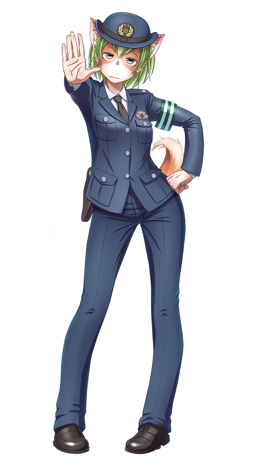 animal_ears dog_ears dog_girl dog_tail female_service_cap full_body furry green_eyes green_hair hand_on_hip highres pigeon-toed short_hair simple_background solo standing tail tewatasanaiinu tokyo_metropolitan_police_department white_background wokada