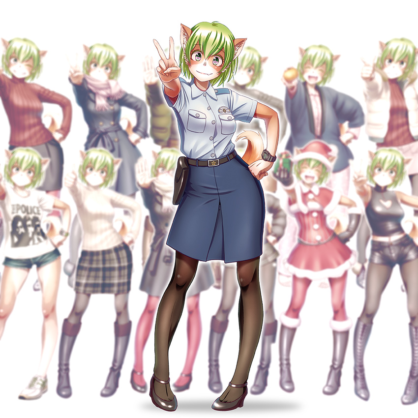 animal_ears armpit_peek dog_ears dog_girl dog_tail furry green_eyes green_hair hand_on_hip multiple_views pantyhose pigeon-toed short_hair simple_background tail tewatasanaiinu tokyo_metropolitan_police_department variations white_background wokada