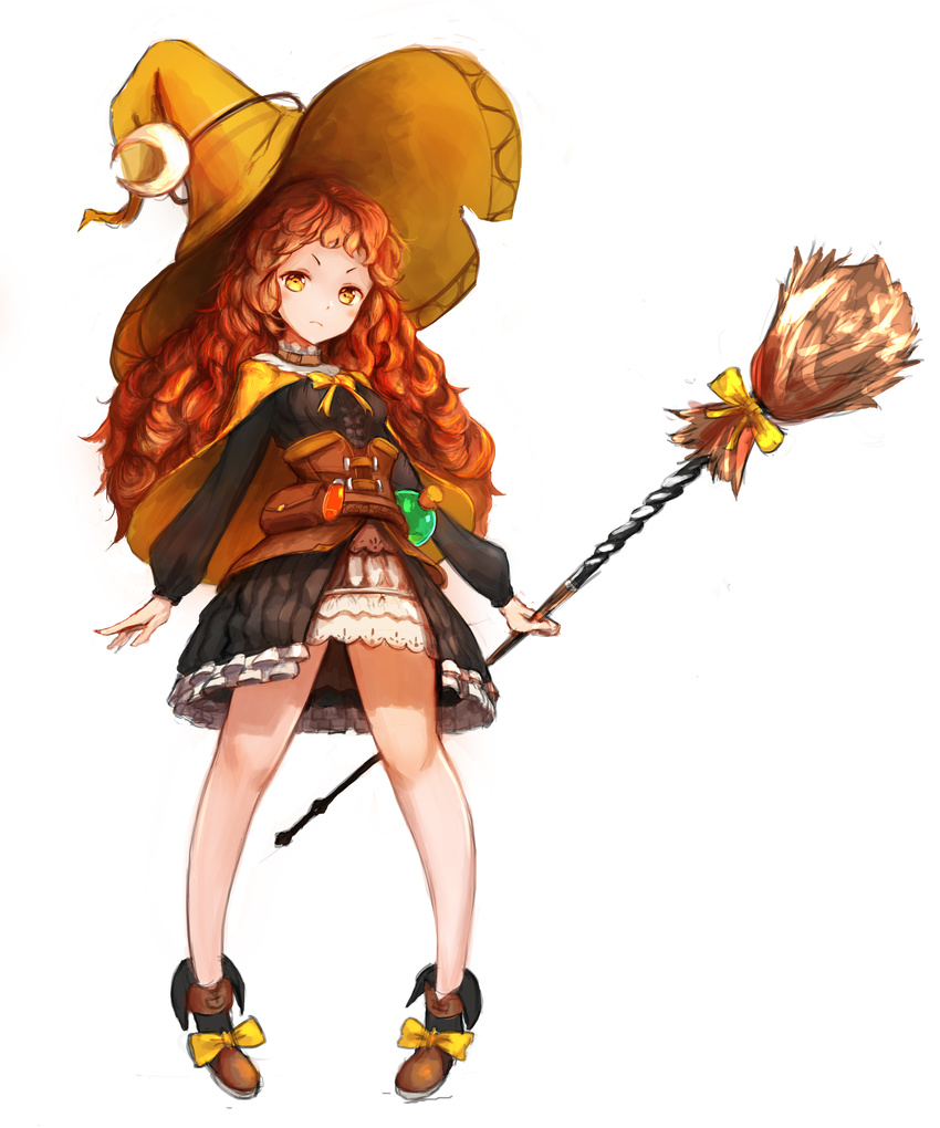 absurdres black_skirt broom brown_footwear brown_hair full_body hat highres holding holding_broom long_hair potion rinu99 shoes sketch skirt solo standing tree_of_savior witch_hat wizard_(tree_of_savior) yellow_cape yellow_eyes yellow_hat