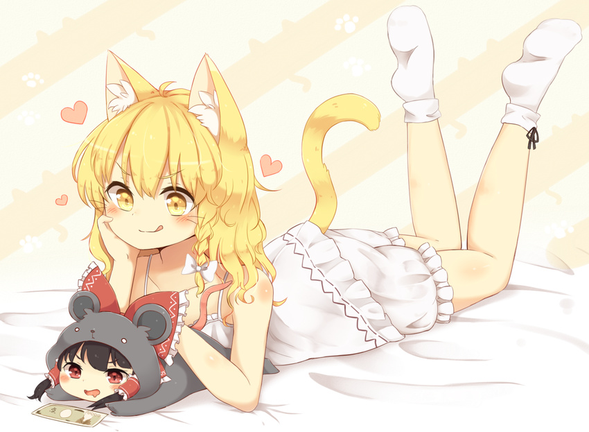 :d :q ahoge alternate_costume animal_costume animal_ears bare_arms bare_shoulders black_hair blonde_hair bloomers blush bow braid cat_ears cat_tail chemise commentary drooling full_body hair_bow hair_tubes hakurei_reimu heart kemonomimi_mode kirisame_marisa large_bow long_hair minigirl money mouse_costume mouse_tail multiple_girls open_mouth paw_print petting red_eyes riza_dxun side_braid single_braid smile socks soles tail tongue tongue_out touhou underwear underwear_only v-shaped_eyebrows wavy_hair whiskers yellow_eyes yuri