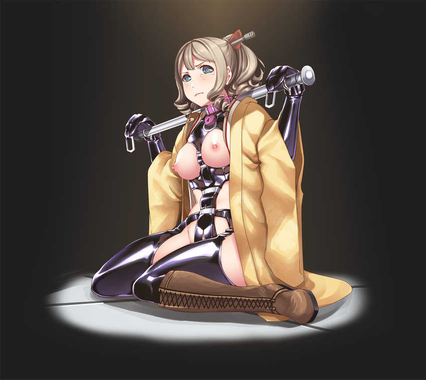 aqua_eyes bdsm blonde_hair bondage_mittens boots bow breast_cutout breasts collar gloves hair_bow hatakaze_(kantai_collection) hiememiko highres japanese_clothes kantai_collection kimono latex lock long_hair nipples padlock padlocked_collar ponytail sitting solo tears thighhighs wariza yoke