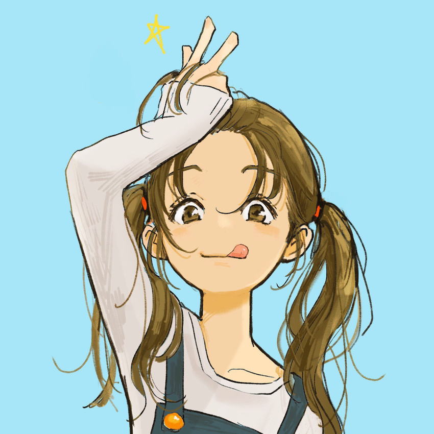 :q aqua_background arm_up bangs blush brown_eyes brown_hair closed_mouth hair_between_eyes hand_up highres long_hair long_sleeves looking_at_viewer messy_hair original overalls sako_(user_ndpz5754) shirt simple_background smile solo star tongue tongue_out twintails w white_shirt