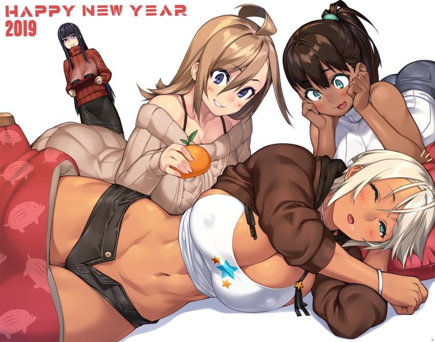 2019 23_(real_xxiii) 4girls abs ahoge ahoge_girl_(23) aran_sweater ass bare_shoulders black_hair blonde_hair blue_eyes blush bra_strap bracelet breasts brown_hair chin_rest cleavage commentary_request covered_nipples crop_top dark-skinned_girl_(23) dark_skin drooling english_text flat-chested_girl_(23) flat_chest food fruit green_eyes grin happy_new_year highres hime_cut hood hoodie huge_ahoge jewelry kagami_mochi kotatsu large_breasts light_brown_hair long_hair lying mandarin_orange medium_hair multiple_girls navel new_year on_side one_eye_closed open_clothes open_fly open_hoodie original pencil_skirt short_hair short_shorts shorts sideboob skirt sleepy sleeveless sleeveless_turtleneck smile sweater table thick_thighs thighs turtleneck turtleneck_sweater unzipped wife_and_wife