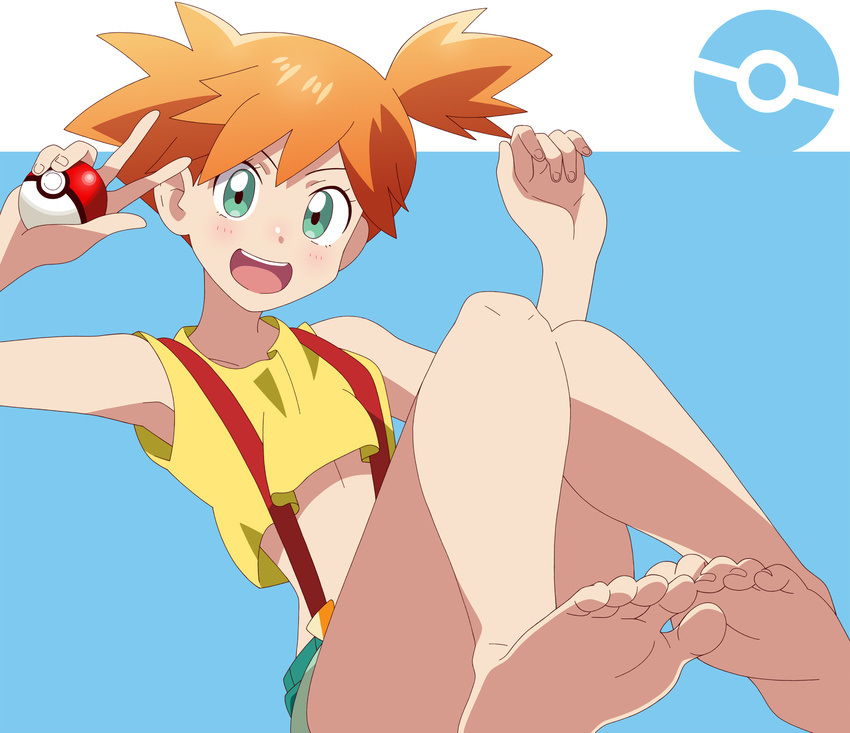 aqua_background aqua_eyes barefoot blush crop_top denim denim_shorts feet highres holding holding_poke_ball kasumi_(pokemon) kuroi_ohagi looking_at_viewer open_mouth orange_hair overalls poke_ball poke_ball_(generic) poke_ball_print pokemon pokemon_(anime) pokemon_(classic_anime) revision shiny shiny_hair short_hair shorts side_ponytail sitting smile soles solo tank_top two-tone_background v w white_background