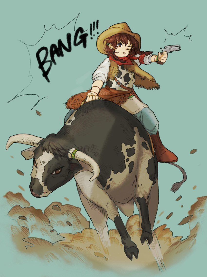 :q aiming animal_print bangs blue_background blue_pants boots bracelet brown_eyes brown_hair bull commentary_request copyright_request cow_print cowboy cowboy_boots cowboy_hat dirt finger_on_trigger firing fringe_trim gun handgun hat highres holding holding_gun holding_reins holding_weapon horns jacket jewelry one_eye_closed onomatopoeia pants red_footwear revolver riding running sako_(user_ndpz5754) simple_background sitting sleeveless_jacket sleeves_rolled_up tongue tongue_out weapon western