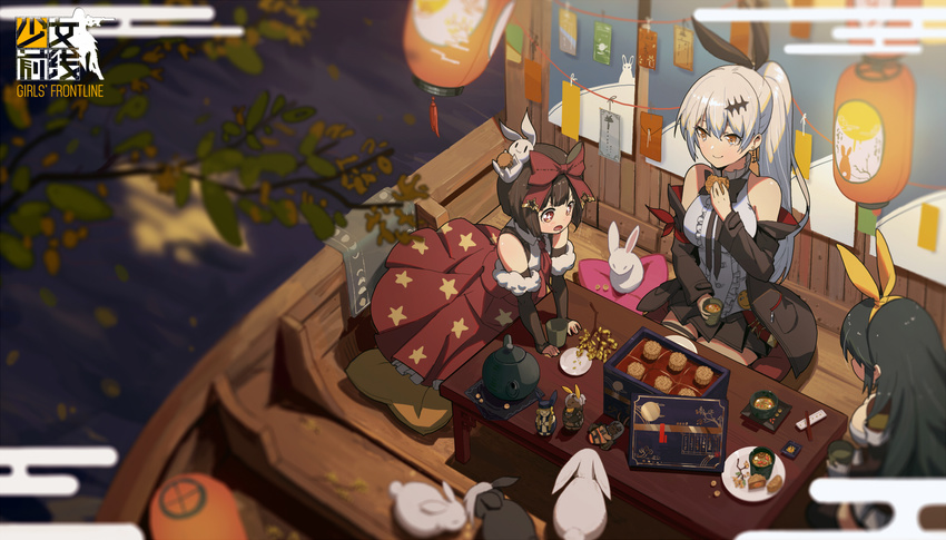 3girls arm_warmers black_hair blouse blurry boat bob_cut bow brown_eyes bunny center_frills cetme_ameli_(girls_frontline) character_doll coffee_table copyright_name cushion drooling five-seven_(girls_frontline) girls_frontline hair_bow hair_ornament hairband high_collar high_ponytail highres houseboat jewelry klin_(girls_frontline) lantern long_hair m99_(girls_frontline) mid-autumn_festival mooncake multiple_girls neckerchief night ns2000_(girls_frontline) off_shoulder official_art open_mouth pleated_skirt ponytail shirt short_hair silver_hair single_earring sitting skirt sleeveless sleeveless_shirt sr-3mp_(girls_frontline) star star_hair_ornament star_print straight_hair table teapot watercraft white_shirt wing_collar