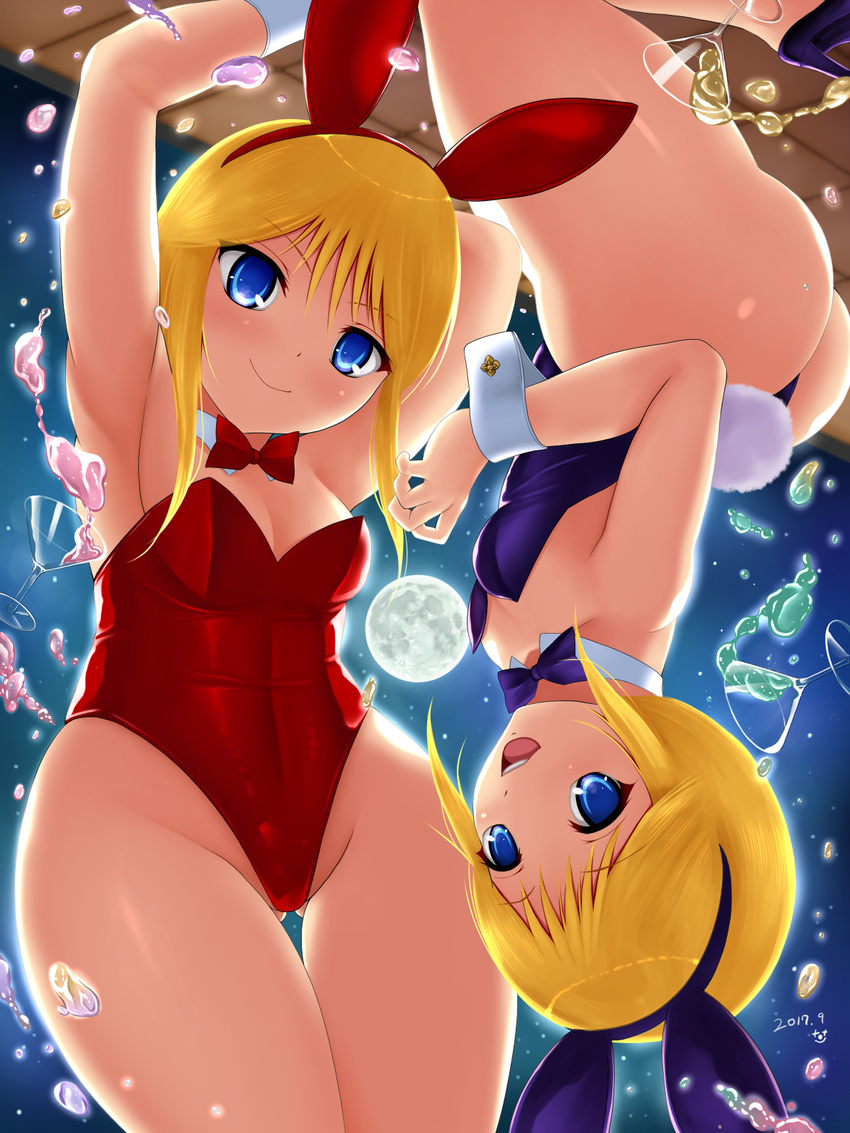 animal_ears ass ass_visible_through_thighs blue_bow blue_eyes blue_leotard blue_neckwear bow bowtie breasts bunny_ears bunny_tail bunnysuit cowboy_shot cup detached_collar drinking_glass elpeo_puru gundam gundam_zz highres kujafumi leotard looking_at_viewer moon multiple_girls open_mouth orange_hair puru_two red_bow red_leotard red_neckwear short_hair small_breasts smile strapless strapless_leotard tail thong_leotard upside-down wine_glass wrist_cuffs