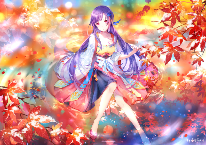 autumn bell chinese_clothes leaves long_hair purple_hair red_eyes signed snow vocaloid vocaloid_china water xin_hua yu_jiu