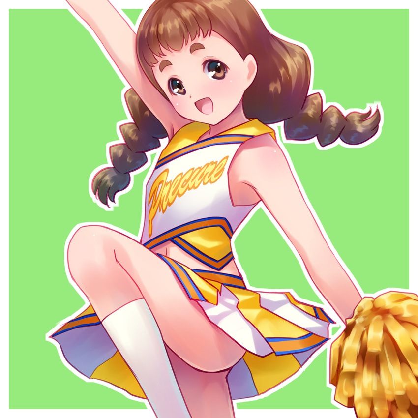 :d arisugawa_himari arm_up braid brown_eyes brown_hair cheerleader eyebrows green_background highres kirakira_precure_a_la_mode long_hair looking_at_viewer navel open_mouth pom_poms precure sayousuke simple_background smile socks solo standing standing_on_one_leg twin_braids