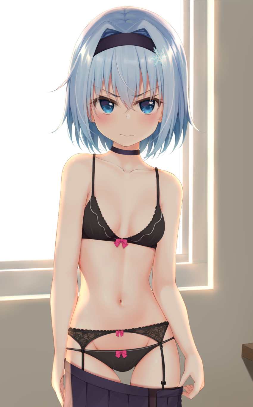 1girl arms_at_sides backlighting bangs black_bra black_choker black_hairband black_panties blue_eyes blue_hair blush bow bow_bra bow_panties bra breasts choker cleavage closed_mouth collarbone commentary_request eyebrows_visible_through_hair garter_belt hair_ornament hairband highres indoors mottsun_(i_40y) navel panties pink_bow pulled_by_self ryuuou_no_oshigoto! serious short_hair silver_hair skirt skirt_pull small_breasts snowflake_hair_ornament solo sora_ginko stomach underwear undressing v-shaped_eyebrows window