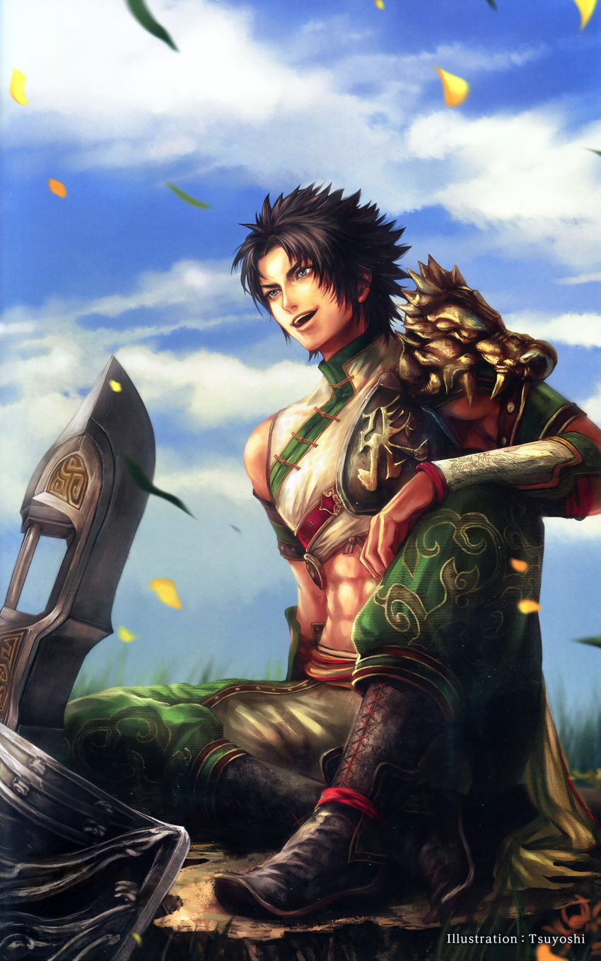 1boy abs armor blade boots brown_eyes brown_hair cloth clouds day male_focus muscle outdoors pants shin_sangoku_musou sitting sky smile solo spiky_hair teeth weapon zhang_bao