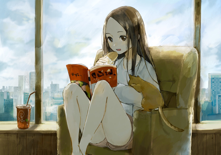 animal_on_arm armchair bare_legs barefoot blue_sky blush book brown_eyes brown_hair cat chair cityscape cloud cloudy_sky commentary cup day drinking_glass drinking_straw eating feet_out_of_frame food highres holding holding_food indoors long_hair long_sleeves loungewear open_book open_mouth original pink_shorts reading sako_(user_ndpz5754) shirt short_shorts shorts sitting sky solo white_shirt window