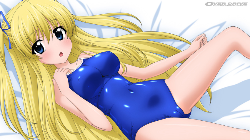 :o absurdres blonde_hair blue_swimsuit breasts cameltoe chestnut_mouth competition_school_swimsuit covered_navel covered_nipples hair_ribbon highres long_hair looking_at_viewer lying medium_breasts navel one-piece_swimsuit original ribbon school_swimsuit skin_tight solo sugimura_tomokazu swimsuit two_side_up