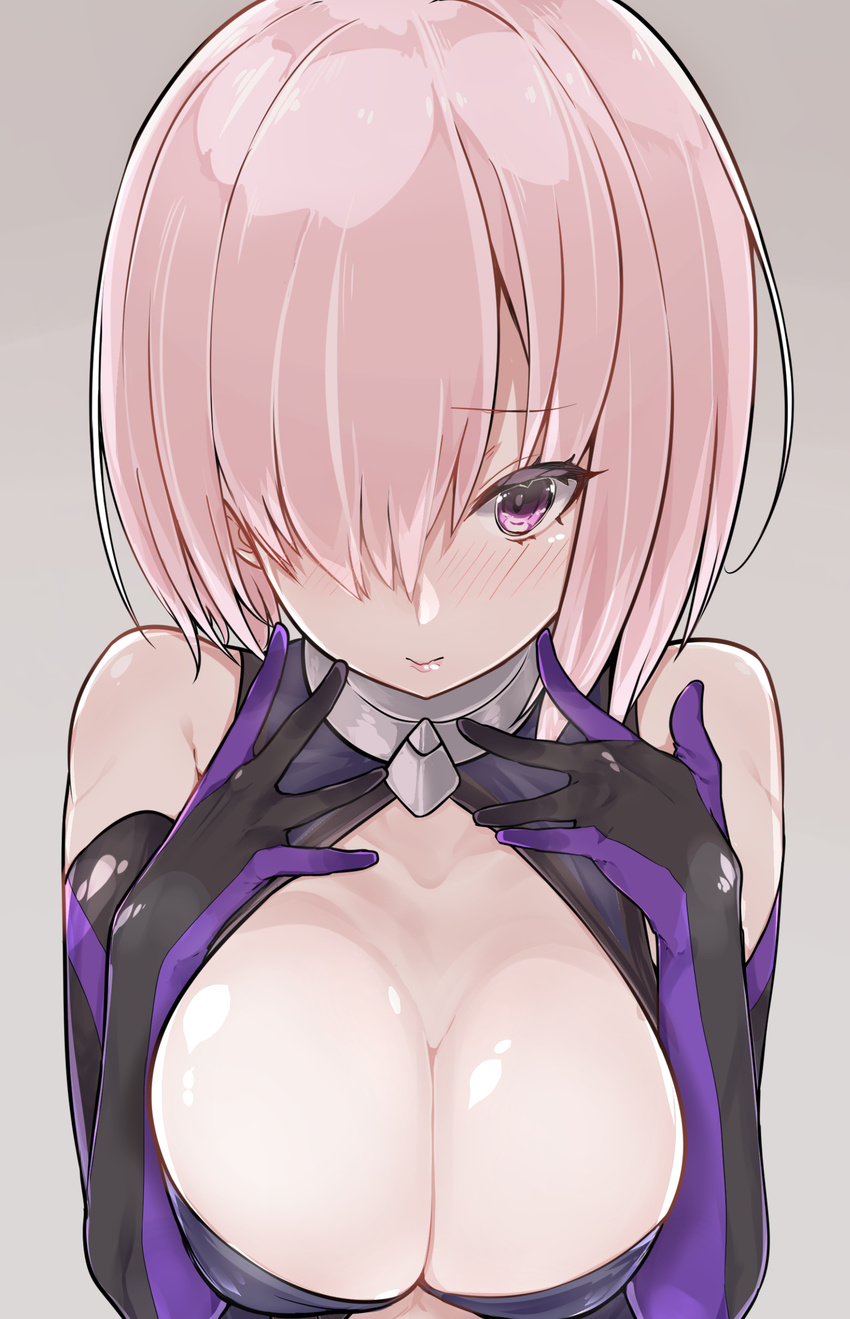 absurdres blush breast_squeeze breasts cleavage cleavage_cutout closed_mouth collarbone elbow_gloves fate/grand_order fate_(series) gloves gradient gradient_background hair_over_one_eye highres large_breasts looking_at_viewer mash_kyrielight mitsudoue pink_hair purple_eyes short_hair simple_background solo upper_body