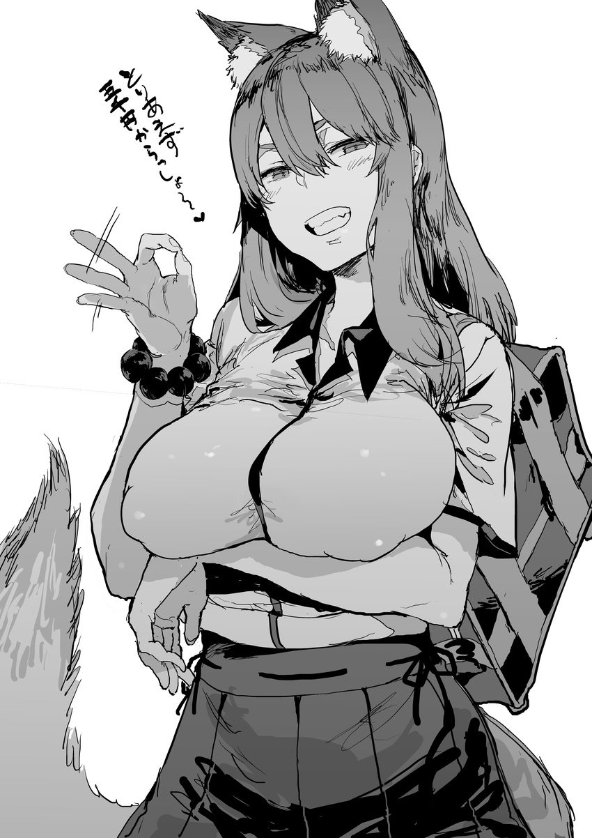 absurdres animal_ear_fluff animal_ears breast_hold breasts fate/extra fate/grand_order fate_(series) fox_ears fox_tail greyscale grin hair_between_eyes handjob_gesture highres large_breasts long_hair monochrome oosawara_sadao skirt smile solo suzuka_gozen_(fate) tail translated