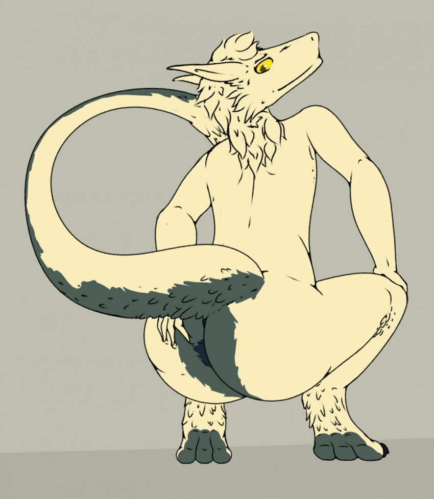 3_toes anthro biped butt claws crouching eproc-the-philius eyebrows fur hair humanoid_hands looking_back nude raised_tail rear_view sergal simple_background solo toe_claws toes