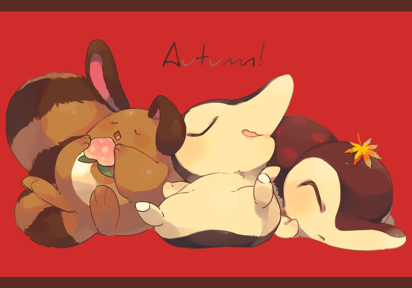autumn_leaves berry blush closed_eyes commentary_request cyndaquil drooling english food fruit gen_2_pokemon hideko_(l33l3b) holding holding_food holding_fruit leaf letterboxed lying maple_leaf no_humans on_back on_stomach parted_lips pokemon pokemon_(creature) red_background saliva sentret simple_background sleeping