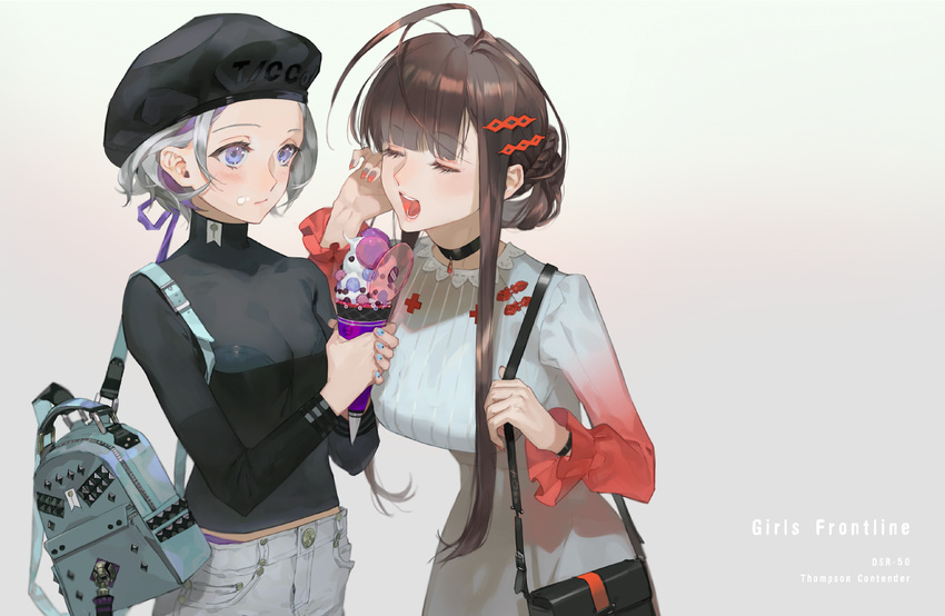 adjusting_hair alternate_costume backpack bag beret bra bracelet breasts brown_hair character_name choker closed_eyes commentary_request copyright_name dress dsr-50_(girls_frontline) eating flush food food_on_face girls_frontline grey_background hair_ornament hairclip handbag hat high_collar holding ice_cream ice_cream_cone ice_cream_on_face jewelry large_breasts long_hair long_sleeves multicolored_hair multiple_girls nail_polish nishihara_isao open_mouth pants purple_eyes ribbed_sweater semi-transparent short_hair sidelocks simple_background sweater thompson/center_contender_(girls_frontline) underwear white_dress