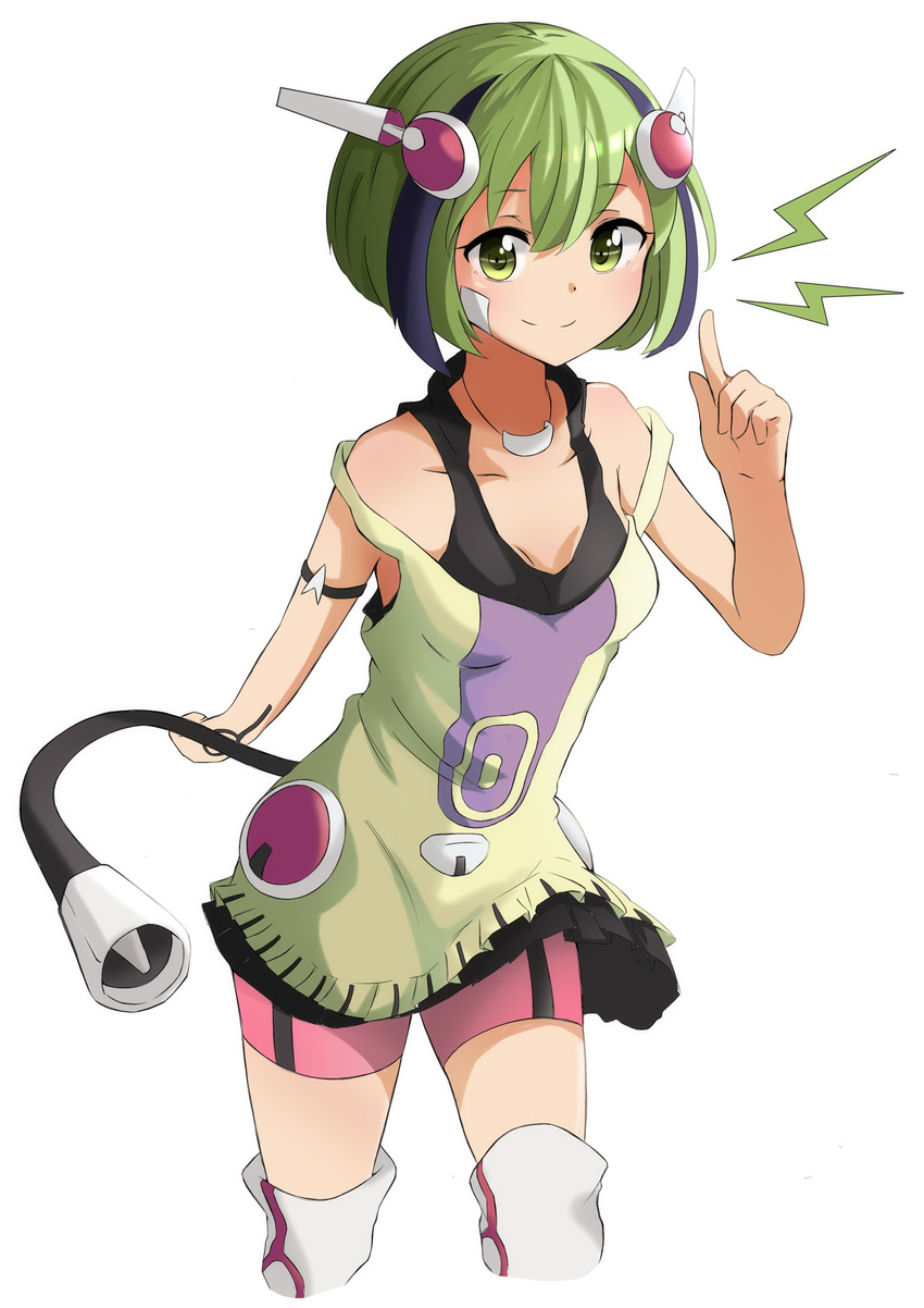 android bike_shorts cowboy_shot dimension_w green_eyes green_hair headgear highres index_finger_raised jewelry lightning_bolt looking_at_viewer multicolored_hair necklace off_shoulder pekeponn short_hair shorts_under_dress smile solo streaked_hair tail two-tone_hair white_background yurizaki_mira