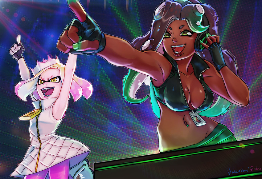 2girls :d armpits arms_up artist_name bare_arms breasts cephalopod_eyes cleavage collarbone concert crop_top cropped_vest crown dark_skin dj domino_mask dress fangs fingerless_gloves gloves green_eyes green_hair green_nails green_skin hands_up headphones hime_(splatoon) iida_(splatoon) jumping large_breasts lipstick looking_afar makeup mask midriff mini_crown multicolored multicolored_hair multicolored_skin multiple_girls nail_polish navel navel_piercing open_mouth outdoors pantyhose partially_unzipped phonograph piercing pink_hair pink_legwear pointing purple_hair sleeveless sleeveless_dress small_breasts smile splatoon_(series) splatoon_2 stage_lights stomach symbol-shaped_pupils teeth turntable two-tone_hair v-shaped_eyebrows vest wallace_pires white_hair yellow_eyes zipper zipper_pull_tab