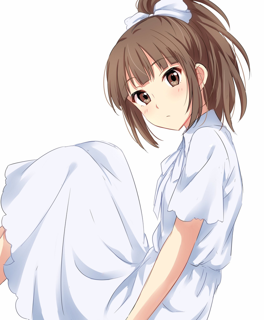 bangs blunt_bangs blush bow brown_eyes brown_hair closed_mouth commentary_request dress eyebrows_visible_through_hair feet_out_of_frame from_side hair_bow highres hisami_nanami looking_at_viewer looking_to_the_side ponytail sekina short_sleeves simple_background sitting solo wake_up_girls! white_background white_bow white_dress