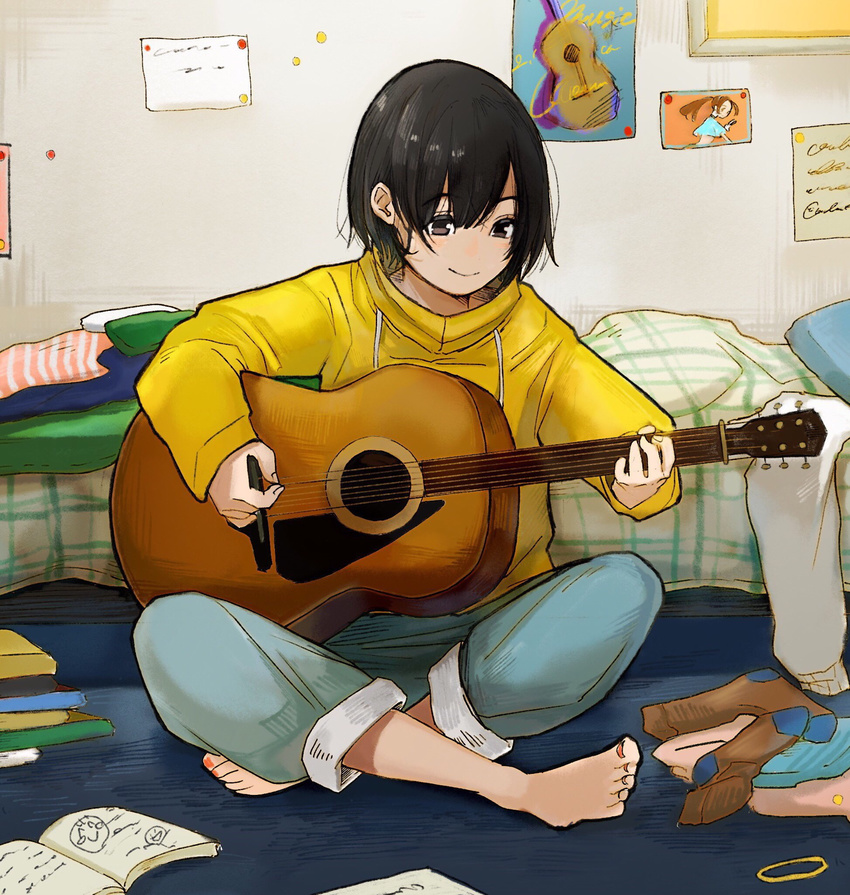 bangs barefoot bed bed_sheet black_hair blue_pants book book_stack closed_mouth clothes_removed cushion eyebrows_visible_through_hair guitar highres holding holding_instrument hood hood_down hoodie indian_style indoors instrument long_sleeves music on_floor open_book original pants playing_instrument poster_(object) sako_(user_ndpz5754) sitting smile socks_removed solo toenail_polish yellow_hoodie