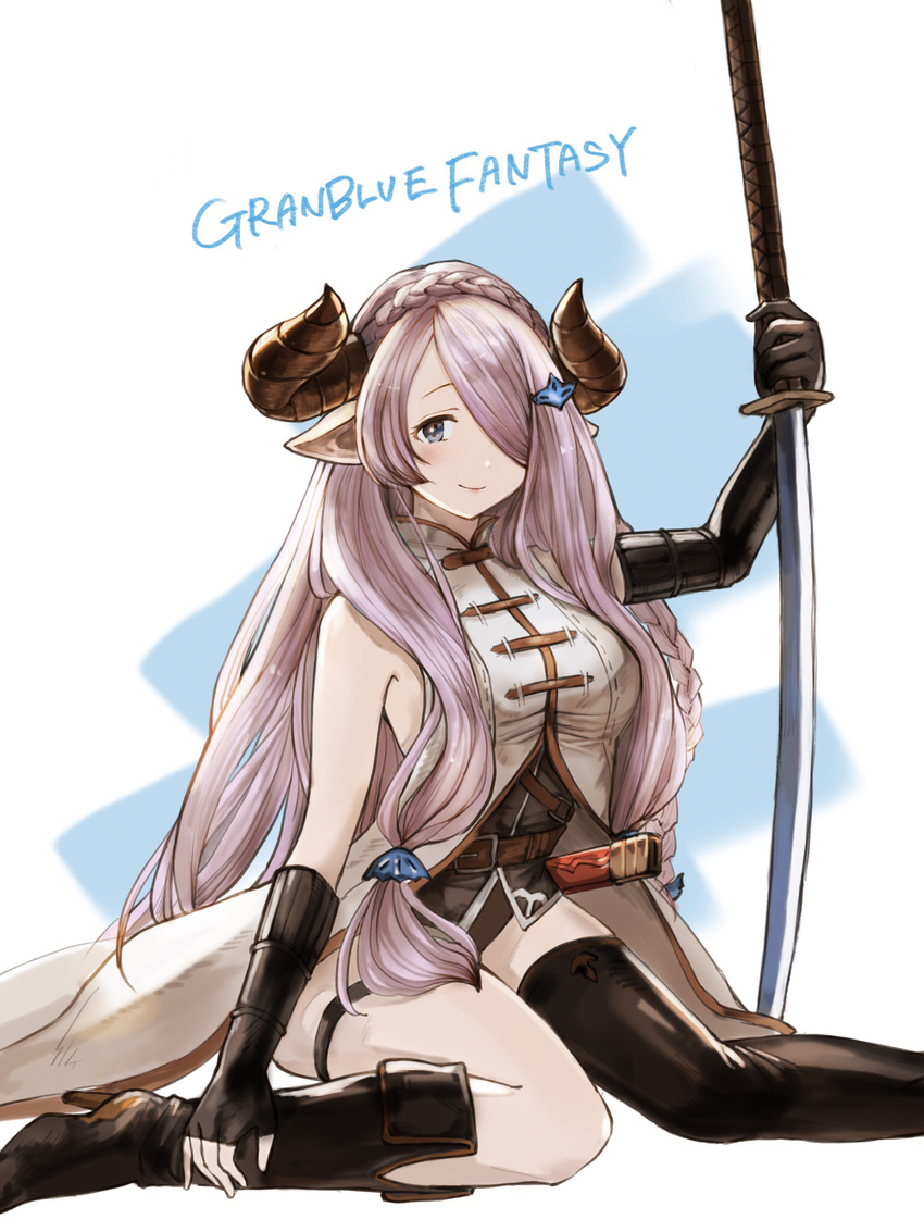 asymmetrical_gloves asymmetrical_legwear bare_shoulders black_footwear black_gloves boots braid breasts closed_mouth commentary_request copyright_name elbow_gloves english feet_out_of_frame gloves granblue_fantasy grey_eyes hair_ornament hair_over_one_eye highres holding holding_sword holding_weapon horns jacket katana large_breasts legband long_hair looking_at_viewer mismatched_gloves narmaya_(granblue_fantasy) one_eye_closed pointy_ears revision sako_(user_ndpz5754) single_elbow_glove single_thigh_boot sitting sleeveless sleeveless_jacket smile solo sword very_long_hair wariza weapon