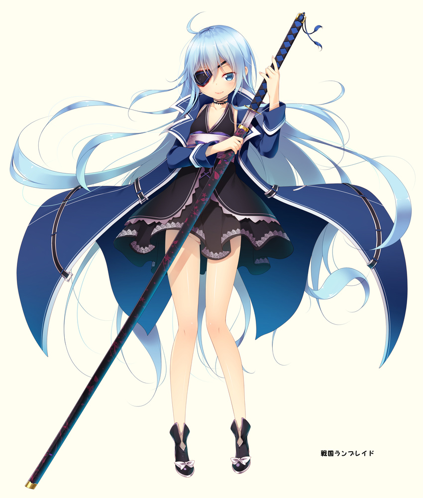 absurdres aqua_eyes aqua_hair ass_visible_through_thighs bad_id bad_pixiv_id bare_legs dress eyepatch highres long_coat long_hair looking_at_viewer no_panties sengoku_rumblade shokuyou_mogura simple_background solo standing sword weapon