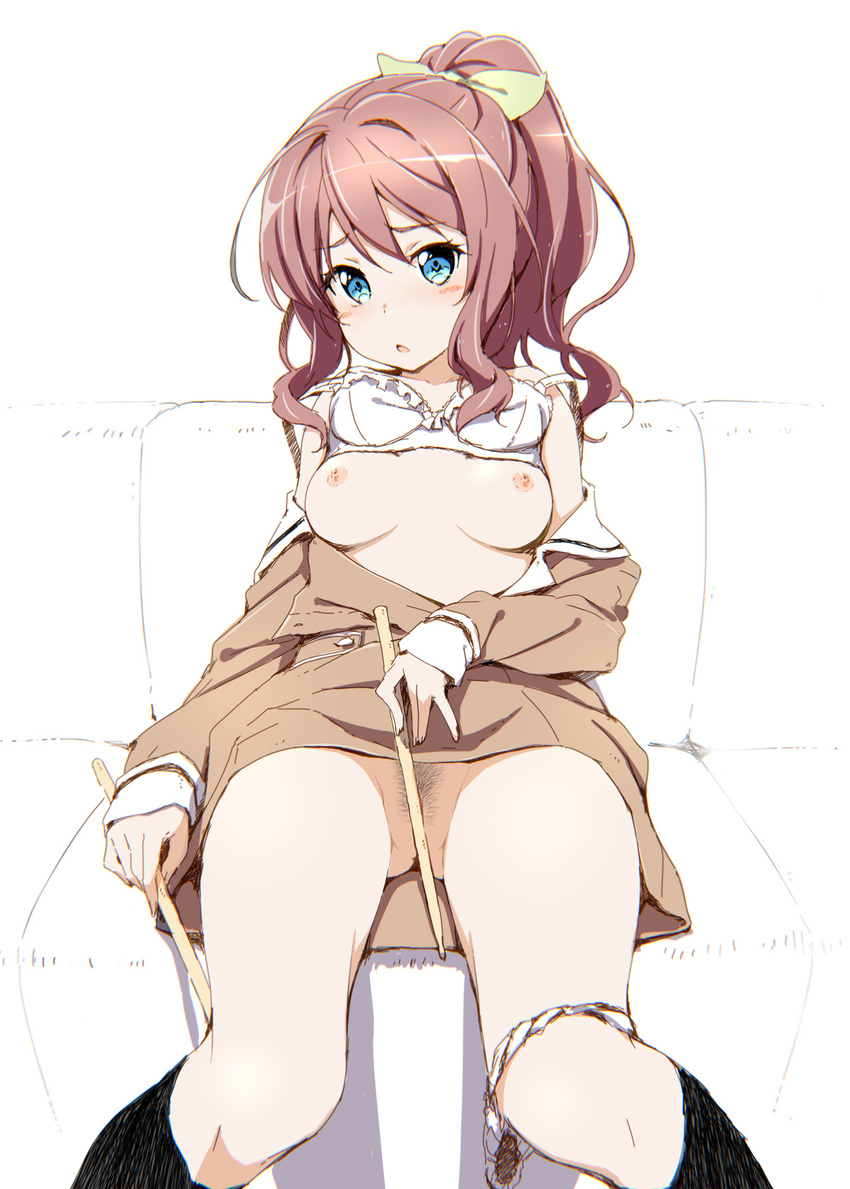 akata_itsuki bang_dream! black_legwear blue_eyes blush bow bra bra_lift breasts brown_hair covering covering_crotch drumsticks hair_bow hanasakigawa_school_uniform highres long_hair long_sleeves looking_at_viewer nipples off_shoulder open_mouth panties panties_around_one_leg panties_removed partially_undressed ponytail pubic_hair school_uniform sitting sleeves_past_wrists small_breasts socks solo underwear white_bra white_panties yamabuki_saaya