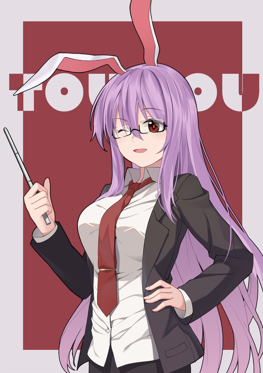 animal_ears baseness bespectacled black-framed_eyewear blazer bunny_ears copyright_name eyebrows_visible_through_hair glasses hand_on_hip highres jacket long_hair necktie one_eye_closed purple_hair red_background red_eyes red_neckwear reisen_udongein_inaba smile solo touhou very_long_hair