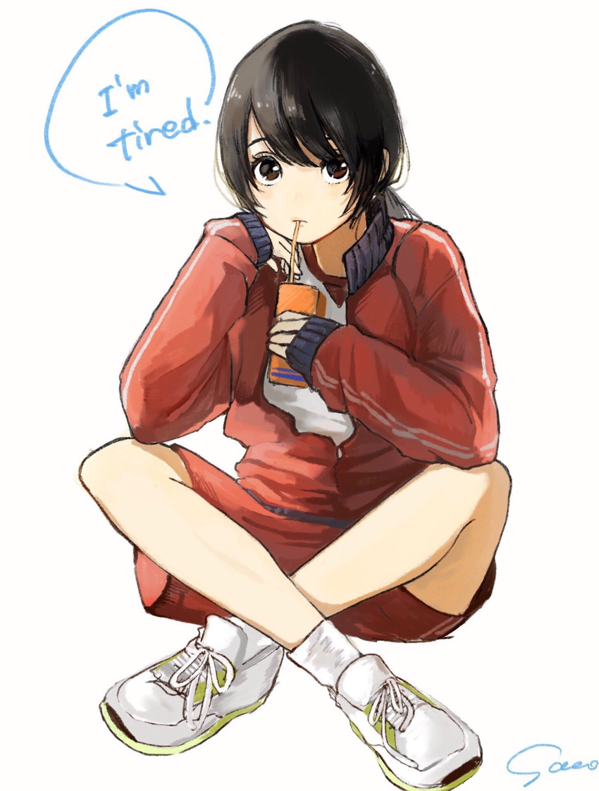 bangs black_hair brown_eyes commentary_request drinking_straw english full_body gym_uniform highres indian_style jacket juice_box long_hair long_sleeves looking_at_viewer original ponytail red_jacket sako_(user_ndpz5754) school_uniform shirt shoes signature simple_background sipping sitting sneakers socks solo speech_bubble track_jacket track_suit unzipped white_background white_legwear white_shirt