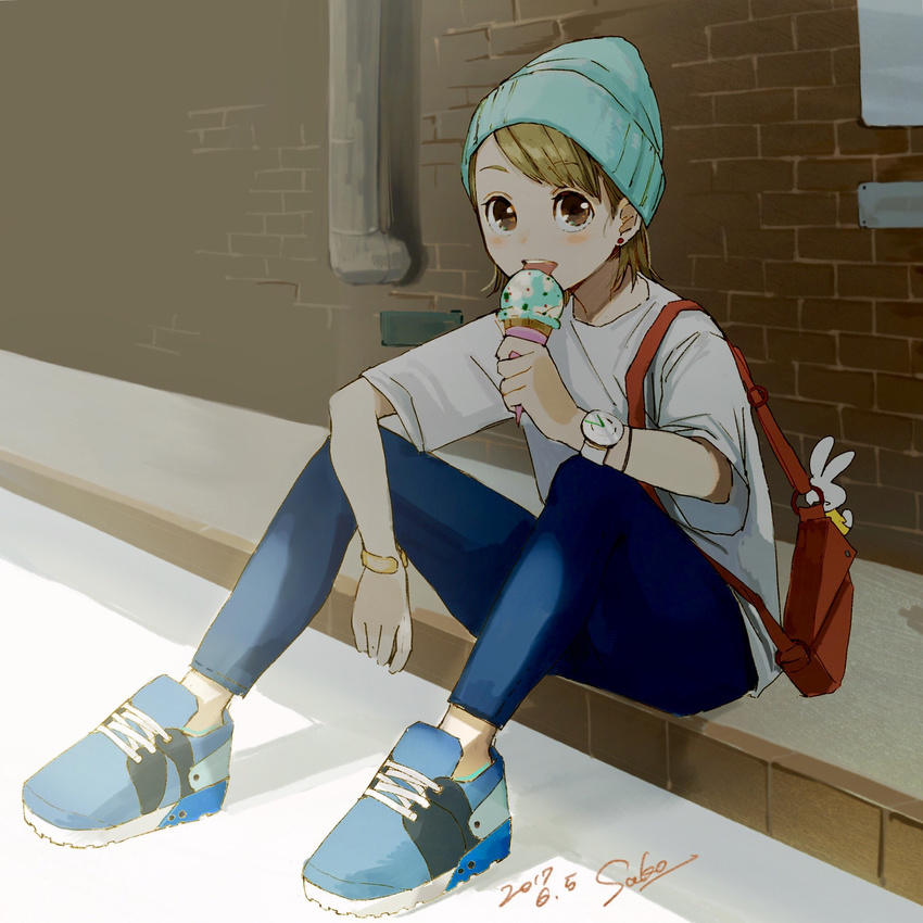 bag bangs beanie blonde_hair blue_footwear blue_pants blush bracelet brown_eyes commentary_request dated day doll earrings eating food hat highres holding holding_food ice_cream jewelry licking looking_at_viewer original outdoors pants sako_(user_ndpz5754) shade shirt shoes short_hair short_sleeves shoulder_bag signature sitting smile sneakers solo swept_bangs tongue tongue_out watch white_shirt wristwatch