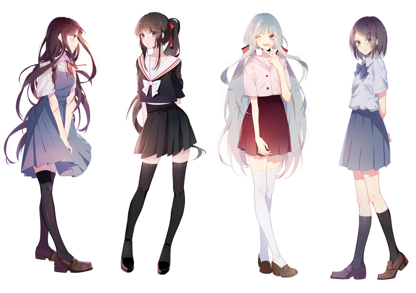 ;d absurdres arm_at_side arm_behind_back arms_behind_back bangs black_footwear black_hair black_legwear black_serafuku black_skirt blue_skirt bow bowtie brown_eyes brown_hair buttons dress eyebrows_visible_through_hair from_side full_body hair_ornament hair_ribbon hairclip highres kneehighs loafers long_hair looking_at_viewer looking_to_the_side low_twintails multiple_girls neck_ribbon one_eye_closed open_mouth original pinafore_dress pleated_skirt ponytail purple_eyes red_ribbon ribbon round_teeth school_uniform serafuku shoes short_sleeves silver_hair simple_background skirt smile standing teeth thighhighs twintails v v_arms very_long_hair white_background white_bow white_legwear white_neckwear wing_collar zettai_ryouiki zhibuji_loom