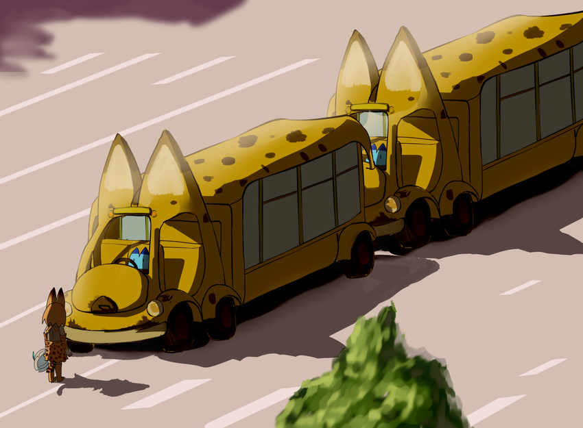 animal_ears bee_sang_(ms0603749) bus day elbow_gloves from_above fur_collar gloves ground_vehicle hat hat_removed headwear_removed holding holding_hat japari_bus kemono_friends lucky_beast_(kemono_friends) motor_vehicle open_mouth outdoors parody real_life road robot serval_(kemono_friends) serval_ears serval_print serval_tail shadow short_hair steering_wheel tail tank_man tiananmen_square tree