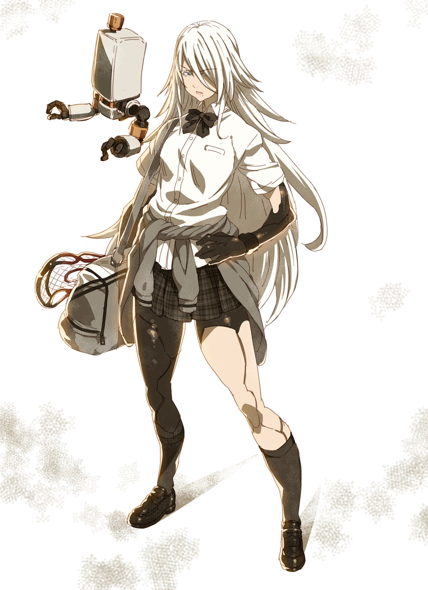 alternate_costume bag black_bow blue_eyes bow clothes_around_waist commentary eyebrows_visible_through_hair hair_over_one_eye hand_on_hip highres jacket_around_waist kneehighs loafers long_hair mole mole_under_mouth nier_(series) nier_automata plaid plaid_skirt pleated_skirt pod_(nier_automata) school_bag school_uniform shoes short_sleeves simple_background skirt tasaka_shinnosuke very_long_hair white_hair wristband yorha_type_a_no._2