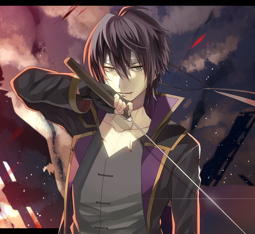 black_gloves black_hair blood blood_on_face collarbone fingerless_gloves gintama gloves green_eyes grey_shirt hair_between_eyes holding holding_sword holding_weapon looking_at_viewer male_focus parted_lips sanae_(satansanae) shirt smile solo sword takasugi_shinsuke upper_body weapon