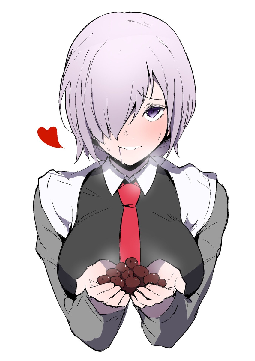 black_shirt blush breasts chocolate commentary cropped_torso drooling eyebrows_visible_through_hair fate/grand_order fate_(series) food hair_over_one_eye hands_together heart highres holding holding_food jikatarou large_breasts lavender_hair long_sleeves looking_at_viewer mash_kyrielight necktie parted_lips purple_eyes red_neckwear saliva shirt short_hair simple_background smile solo white_background