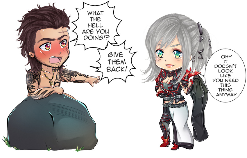 1boy 1girl aranea_highwind armor blush chibi final_fantasy final_fantasy_xv gladiolus_amicitia iwonn lowres pants rock tattoo text