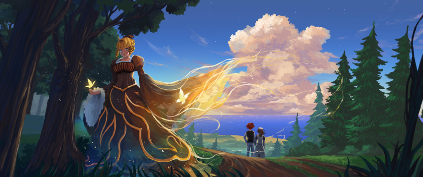 2girls absurdres beatrice blonde_hair cloud dirt_road drill_hair forest grass highres juliet_sleeves long_sleeves looking_at_viewer multiple_girls nature ocean pine_tree puffy_sleeves scenery shannon tree umineko_no_naku_koro_ni ushiromiya_battler water wide_sleeves younger zen_(weishanzhe)